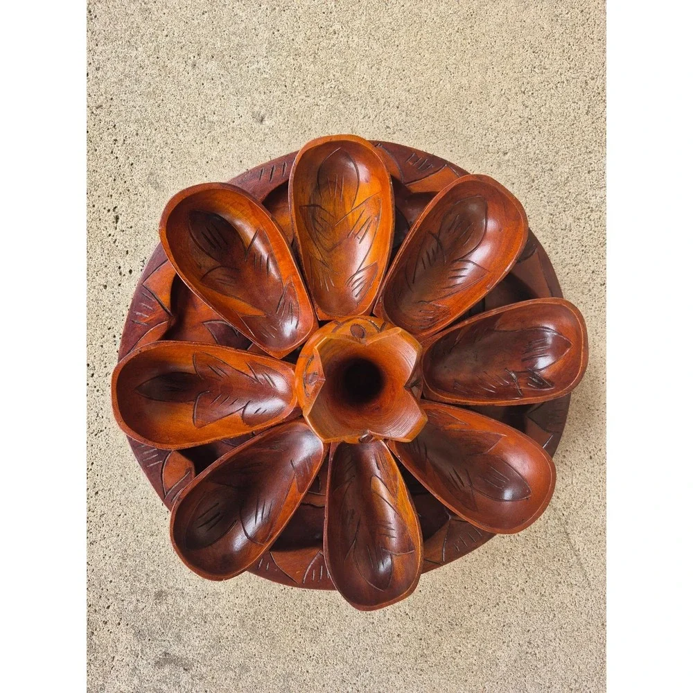 Vintage Hand Carved Wood Snack Serving‎ Set Tray Bowls Mid Century Boho